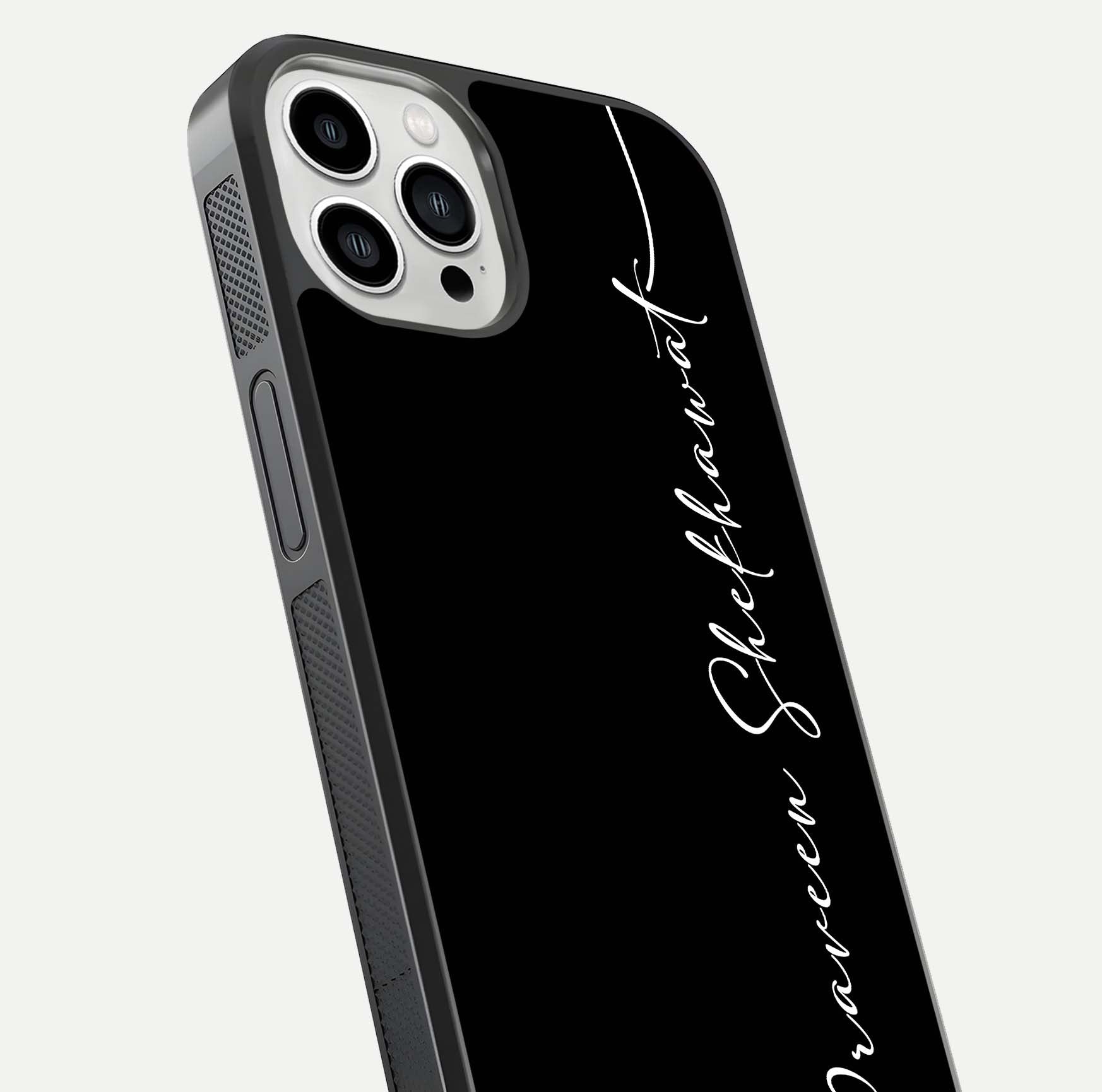 Black Tune Custom Name Glass Case for iPhone 13 Pro Max close-up shot highlighting sleek monochrome design and reflection