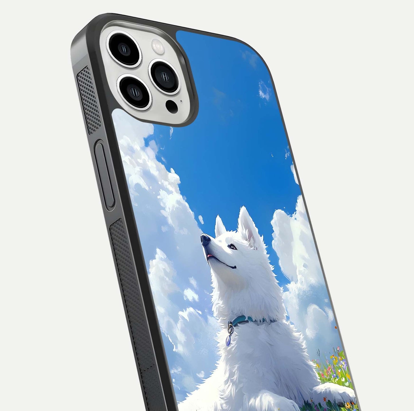 Blissful Cloud Pup Glass Case for iPhone 13 Pro Max close-up image highlighting puppy details and glossy reflection