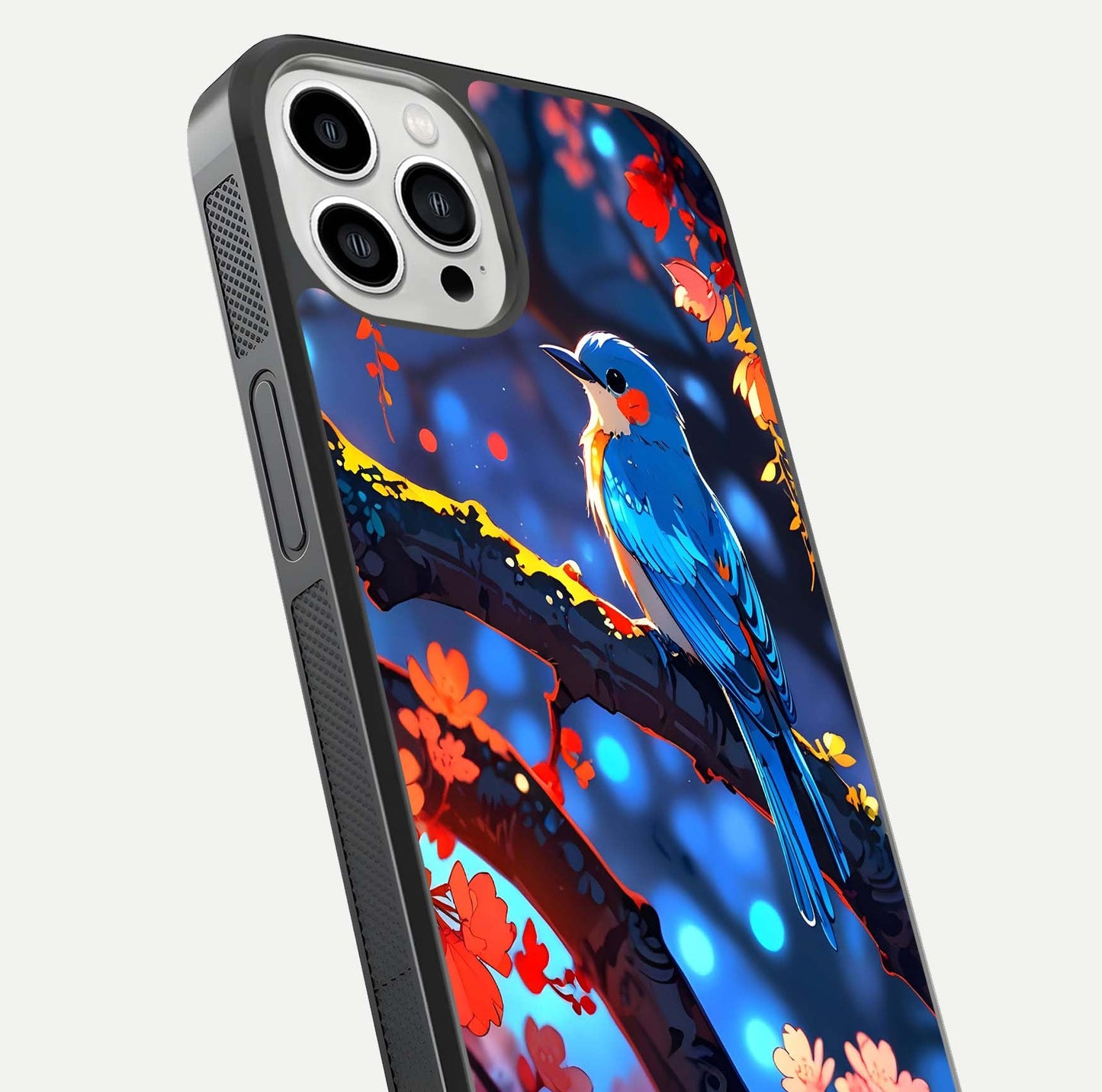 Blooming Spendor Bird Glass Case for iPhone 13 Pro Max close-up shot highlighting bird design details and glossy shine
