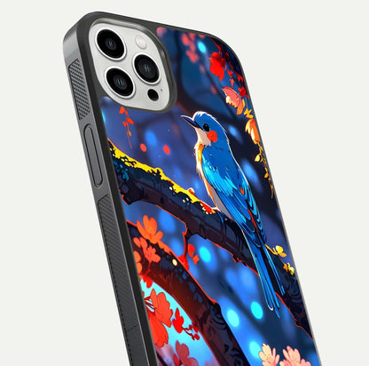 Blooming Spendor Bird Glass Case for iPhone 13 Pro Max close-up shot highlighting bird design details and glossy shine