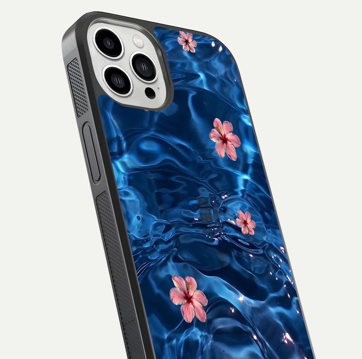 Blooming Water Drift Glass Case for iPhone 13 Pro Max close-up angle showing petal details, soft aqua tones, and smooth gloss reflection