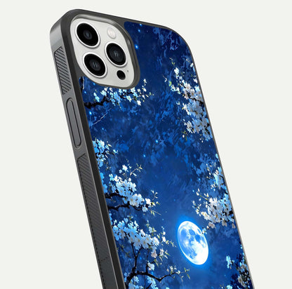 Blossom Moonlight Sky Glass Case for iPhone 13 Pro Max close-up angle capturing moon glow and flower detail reflections