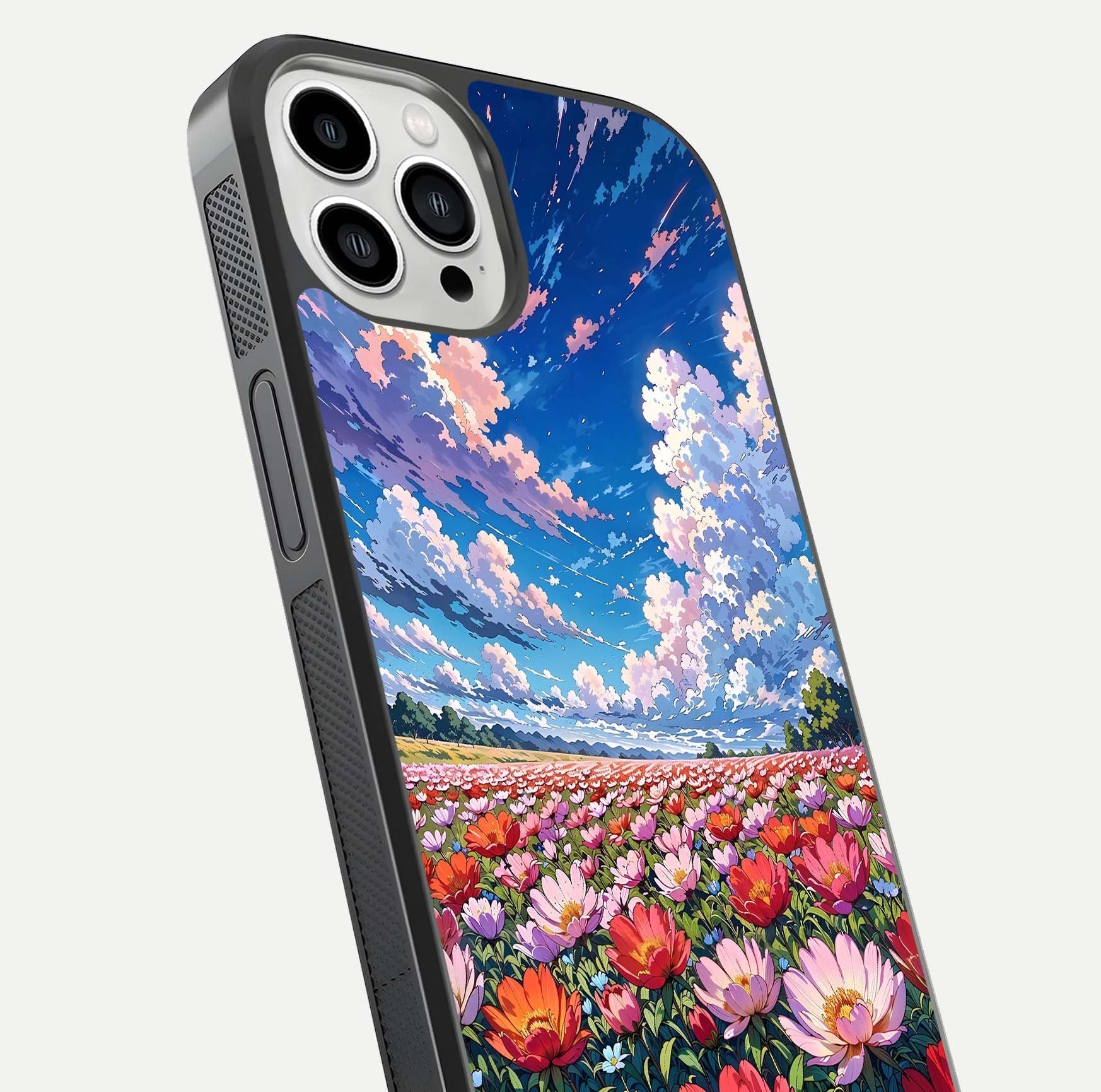 Blossom Sky Field Glass Case for iPhone 13 Pro Max close-up image showing petal patterns and subtle sky gradient