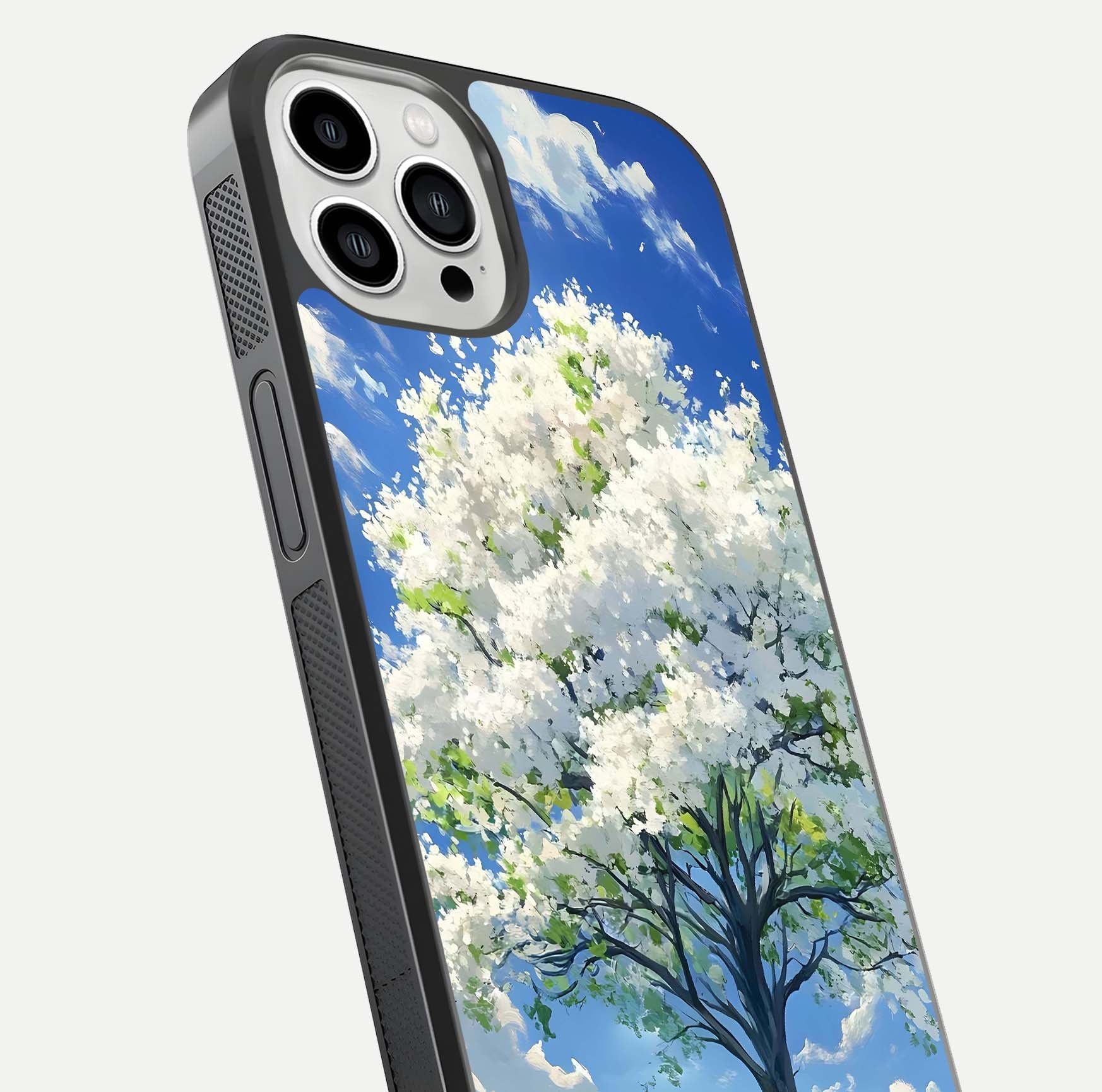 Blossom Sky Serenity Glass Case for iPhone 13 Pro Max close-up highlighting calming flower details and reflection gloss