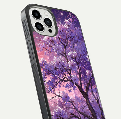 Blossom Tree Glass Case for iPhone 13 Pro Max close-up image highlighting tree branches, blossoms, and shine