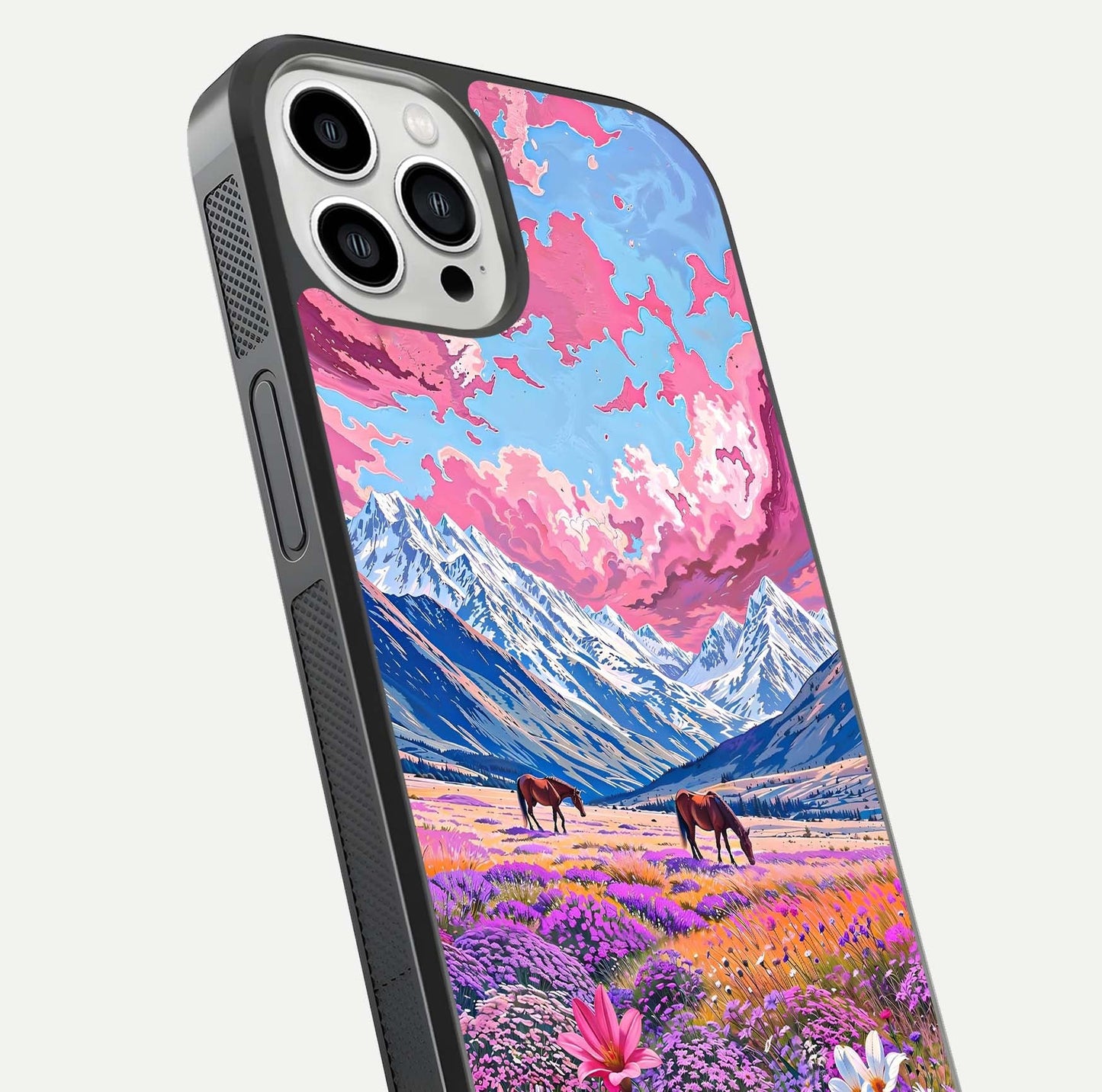 Blossom Valley Dream Glass Case for iPhone 13 Pro Max close-up view showing detailed flower print and pastel hues