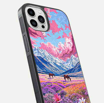 Blossom Valley Dream Glass Case for iPhone 13 Pro Max close-up view showing detailed flower print and pastel hues