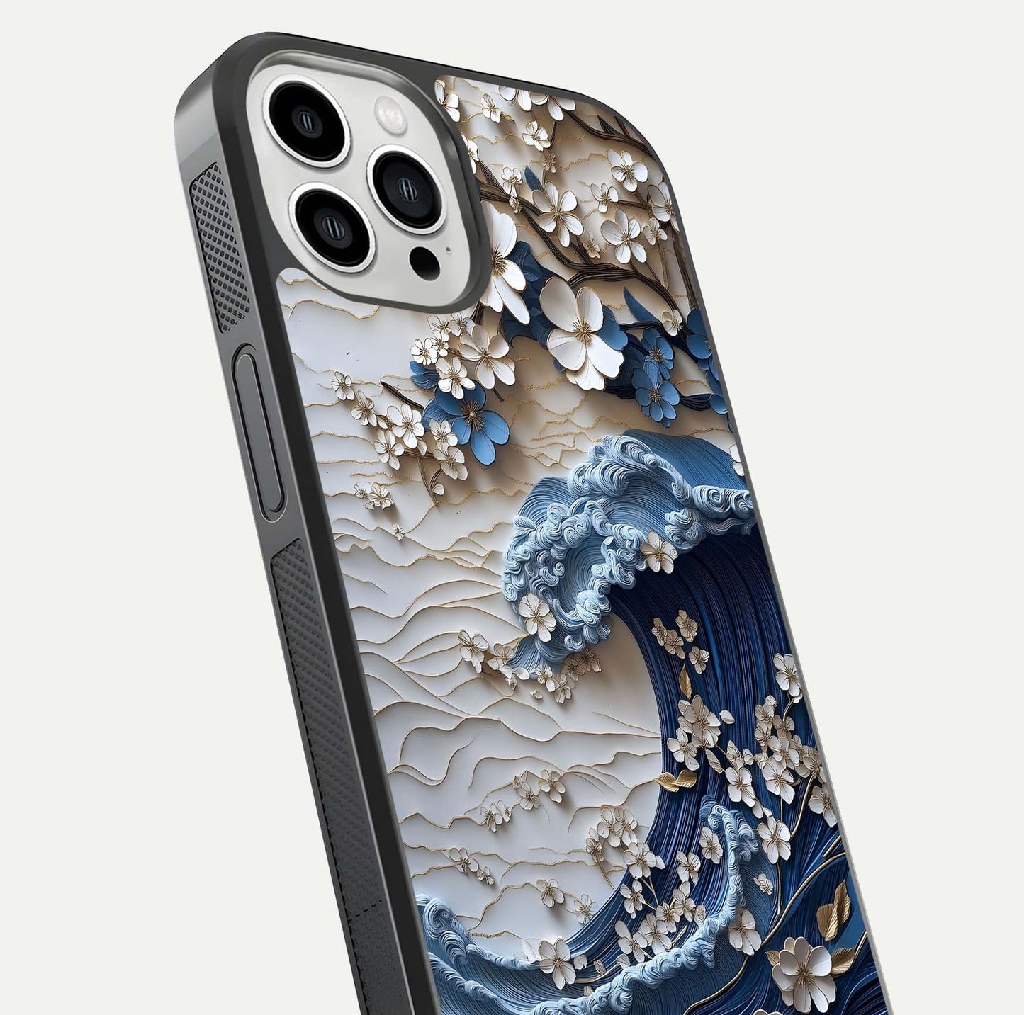 Blossom Wave Art Glass Case for iPhone 13 Pro Max close-up shot highlighting wave motion in floral art and reflection