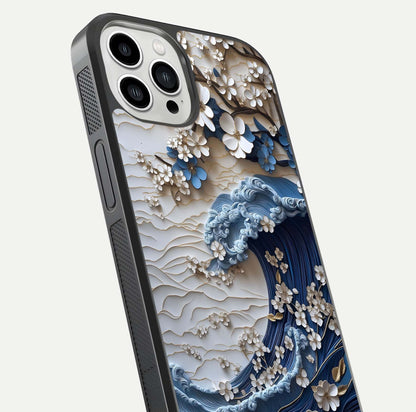 Blossom Wave Art Glass Case for iPhone 13 Pro Max close-up shot highlighting wave motion in floral art and reflection