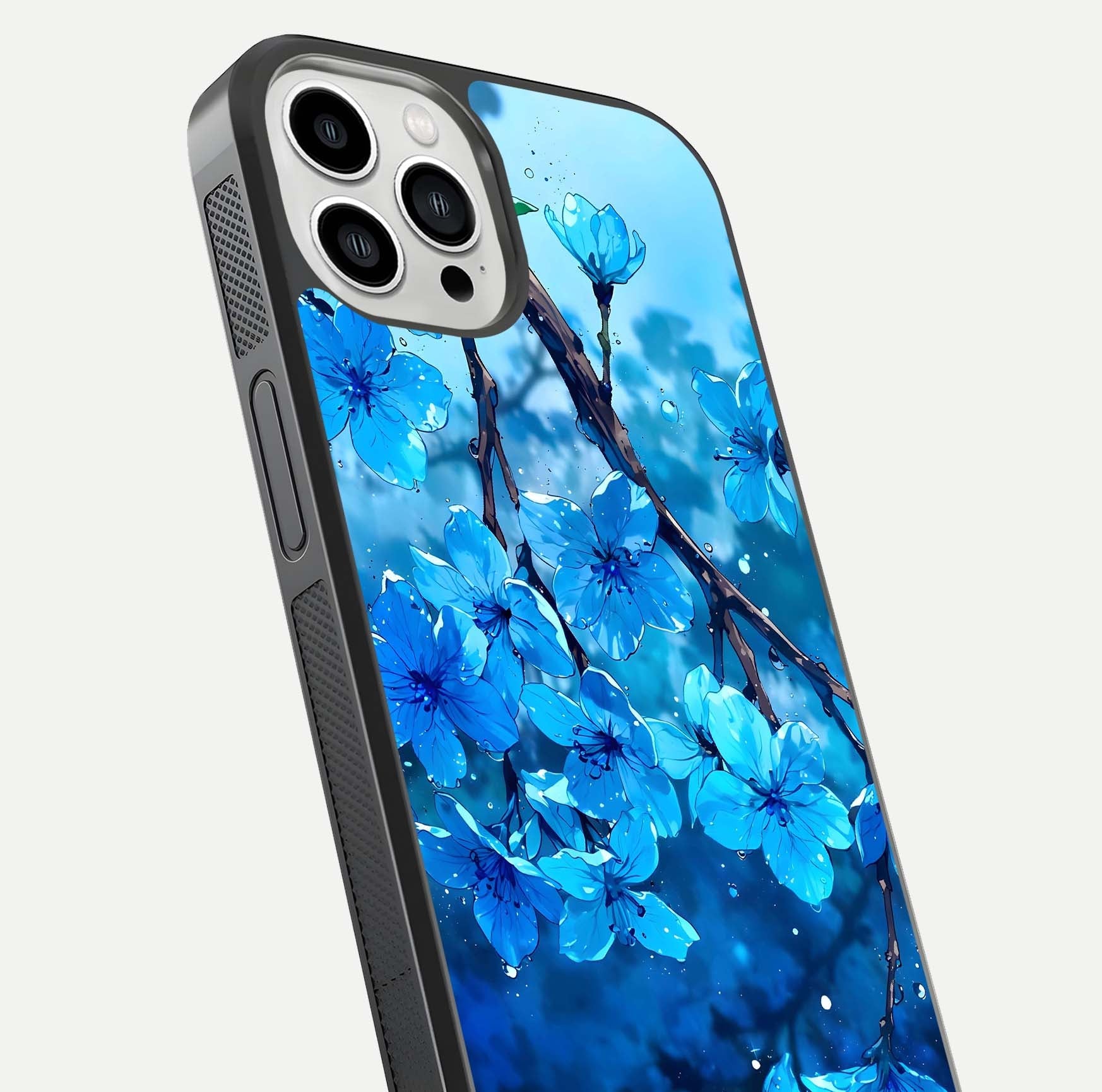 Blue Blossoms Branch Glass Case for iPhone 13 Pro Max close-up angle highlighting petal details and reflection gloss