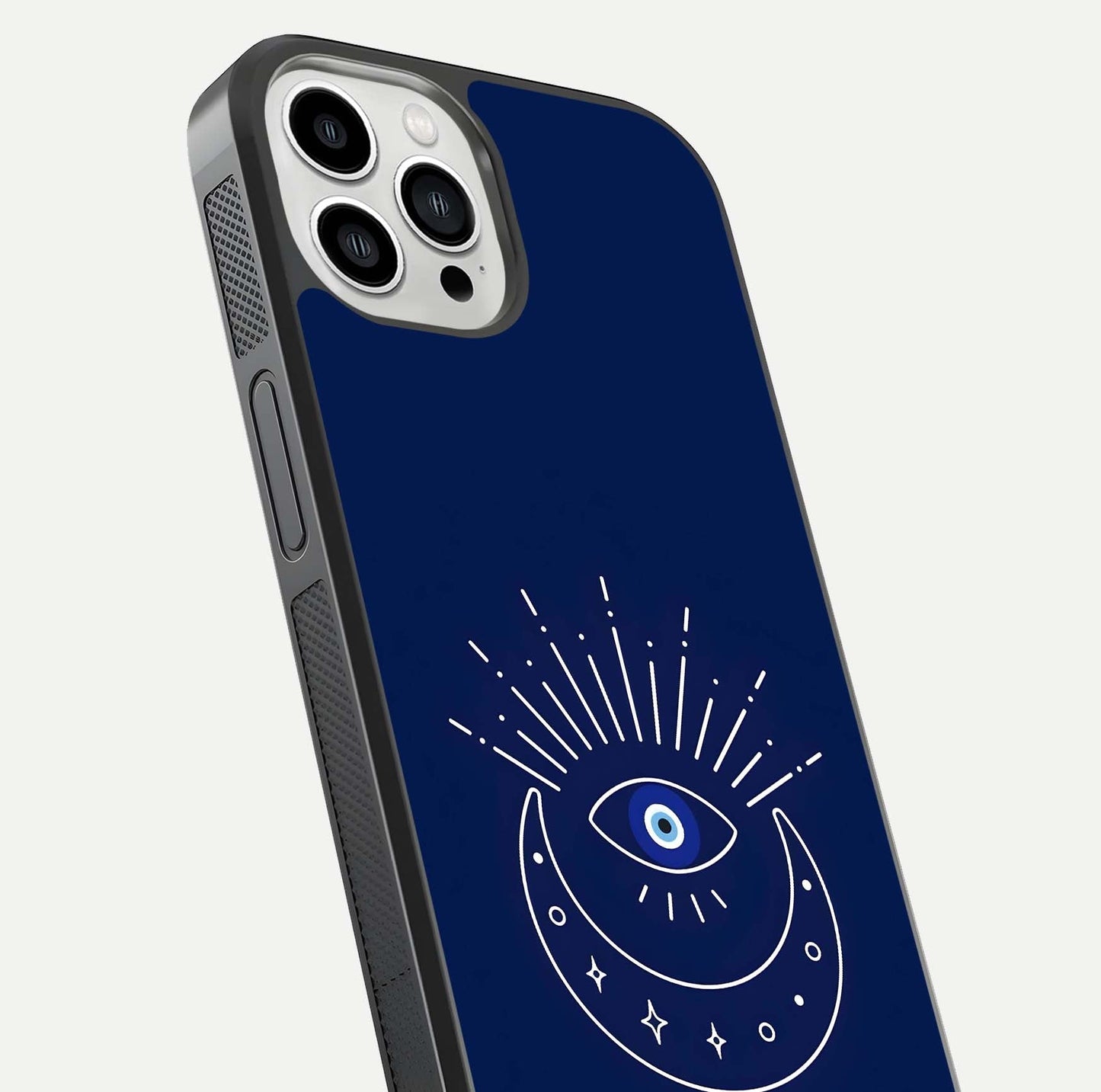 Blue Evil Eye Glass Case for iPhone 13 Pro Max close-up shot highlighting eye motif, protection symbol, and glass shine