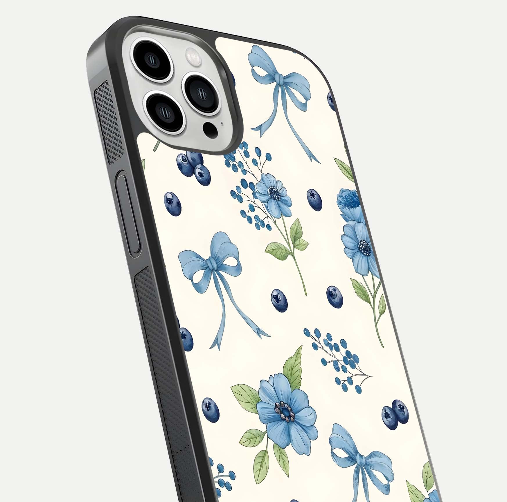 Blue Flower & Bow Glass Case for iPhone 13 Pro Max close-up shot highlighting ribbon detail and flower gloss finish