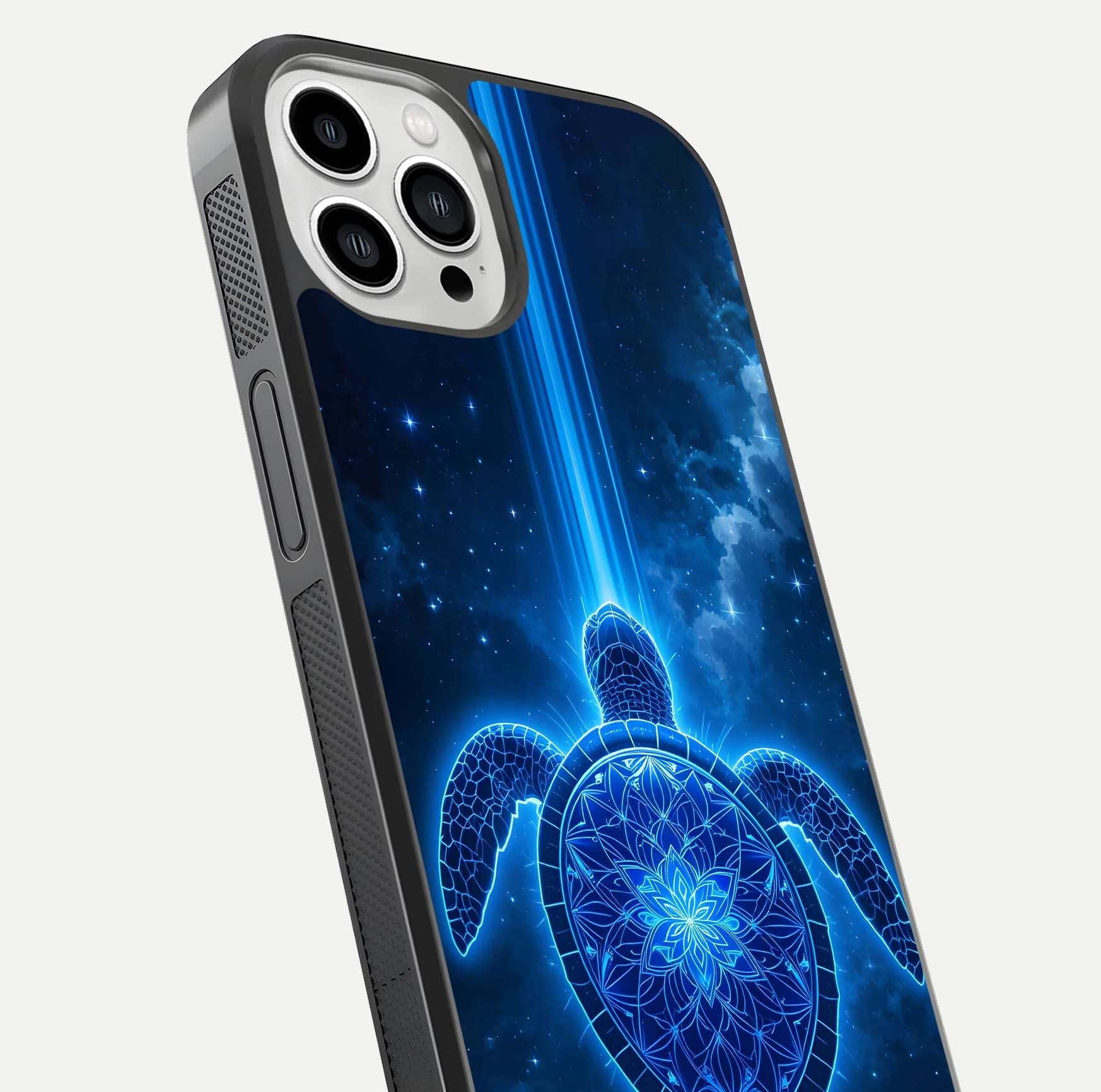 Blue Galaxy Turtle Glass Case for iPhone 13 Pro Max close-up image showing turtle shell detail and glowing galaxy tones