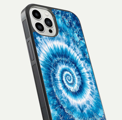 Blue Galaxy Wave Glass Case for iPhone 13 Pro Max close-up highlighting fluid wave motion and deep-blue reflection