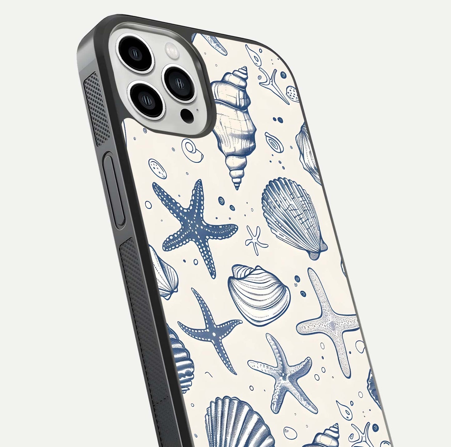 Blue Ocean Outline Glass Case for iPhone 13 Pro Max close-up shot highlighting line art details and reflection texture