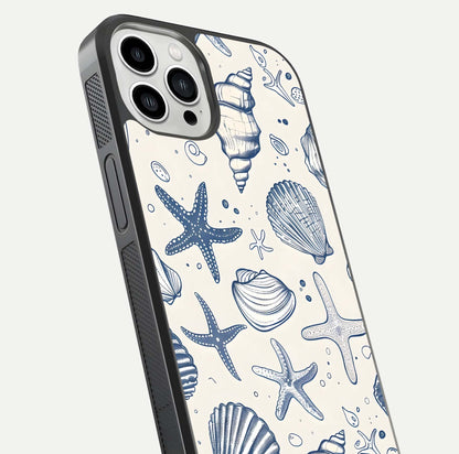 Blue Ocean Outline Glass Case for iPhone 13 Pro Max close-up shot highlighting line art details and reflection texture