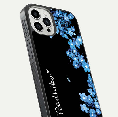 Blue Petal Dream Custom Name Glass Case for iPhone 13 Pro Max close-up highlighting petal texture and gloss reflection
