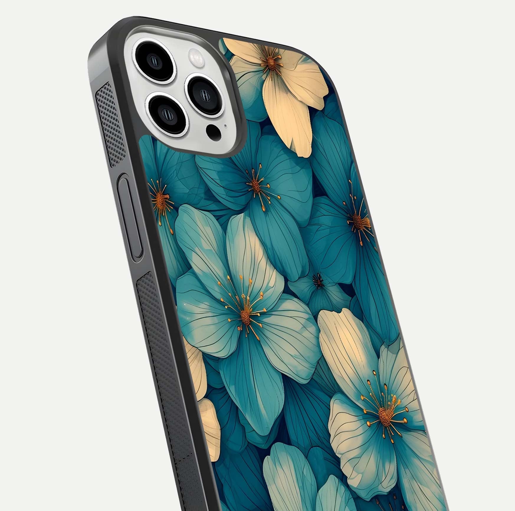 Blue Shade Floral Glass Case for iPhone 13 Pro Max close-up angle showing flower print precision and reflection