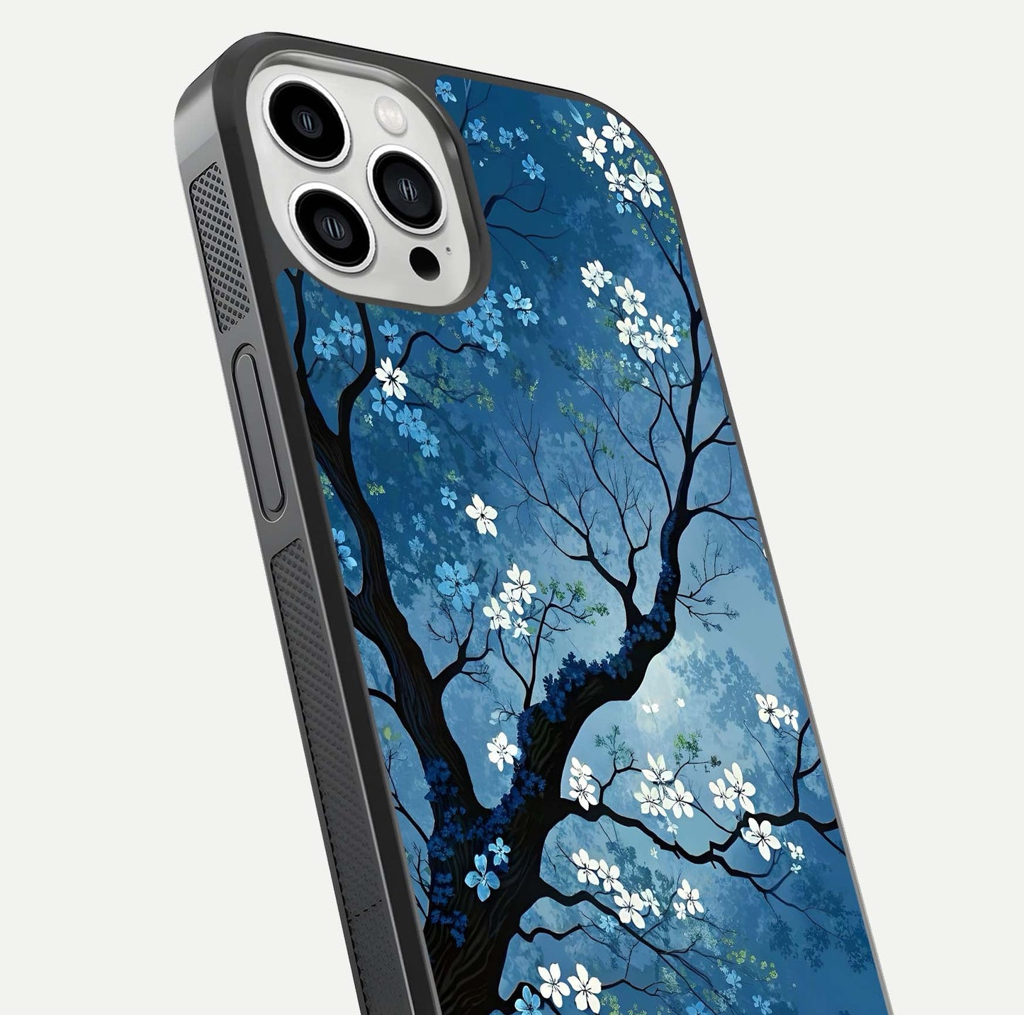 Blue Tree Serenity Glass Case for iPhone 13 Pro Max close-up view highlighting tree branches and reflection gloss