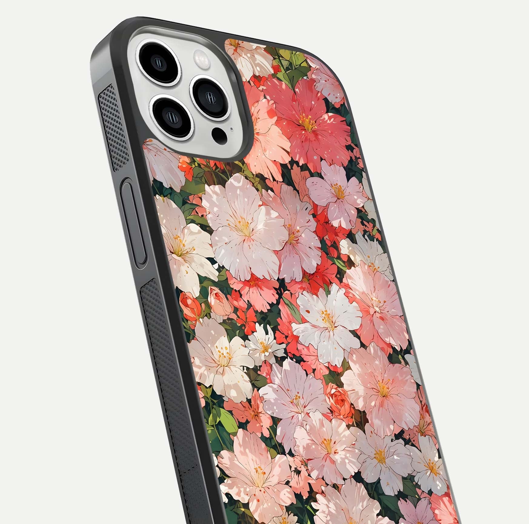 Blush Bloom Field Glass Case for iPhone 13 Pro Max close-up shot capturing pastel flower field tones and gloss shine