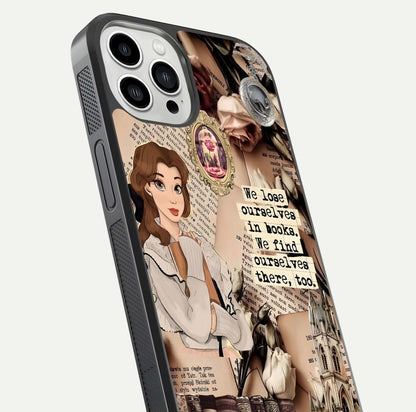 Bookish Dream World Glass Case for iPhone 13 Pro Max close-up shot highlighting book elements and reflection gloss