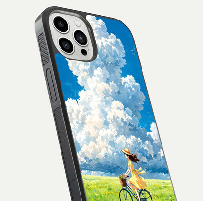 Breezy Meadow Ride Glass Case for iPhone 13 Pro Max close-up shot showing flowers and breezy motion texture