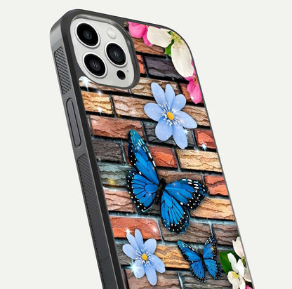 Brick Bloom Flight Glass Case for iPhone 13 Pro Max close-up angle highlighting flower clusters and reflection detail