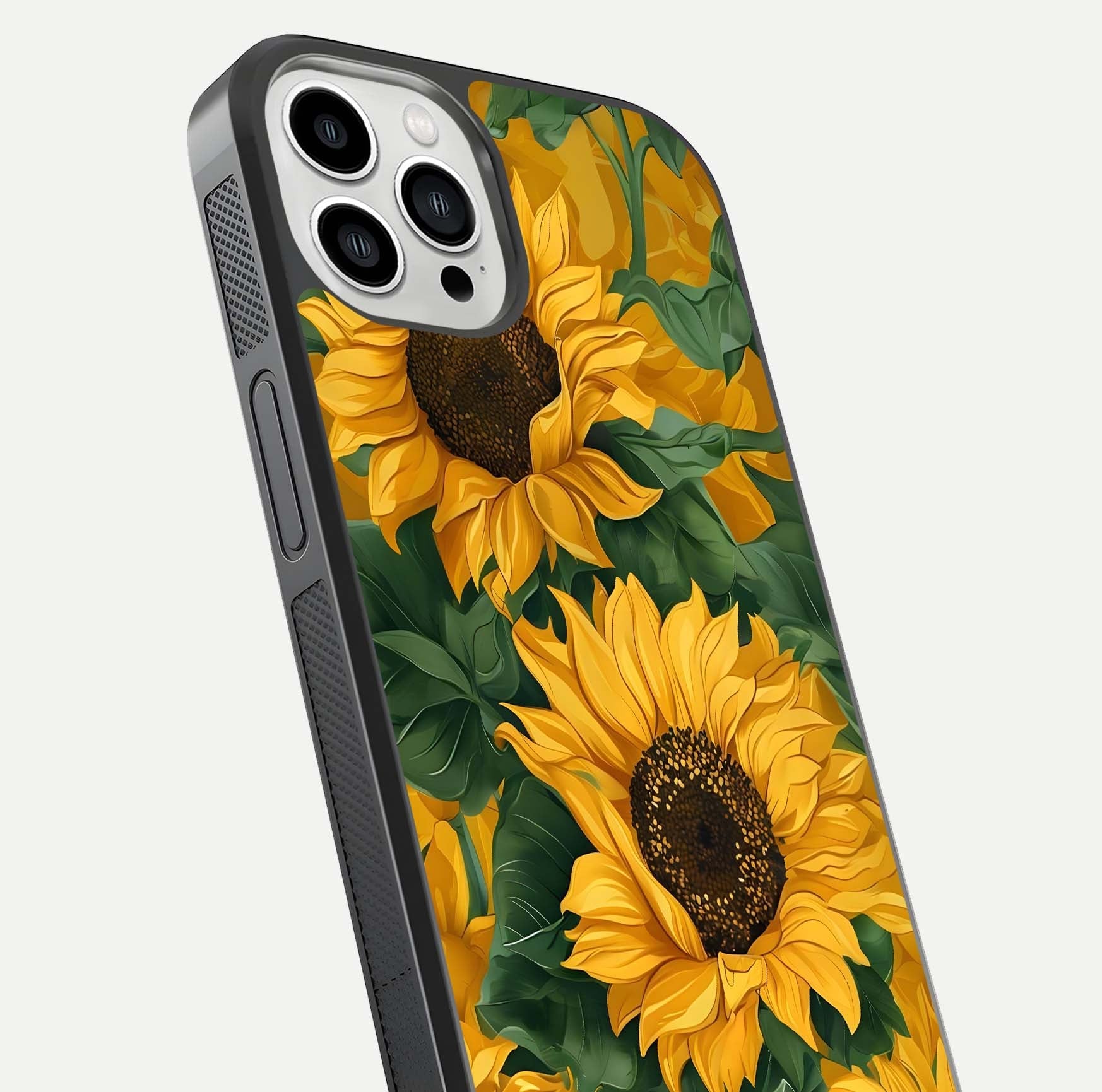 Bright Sunflower Bloom Glass Case for iPhone 13 Pro Max close-up image highlighting yellow petal detail and HD reflection