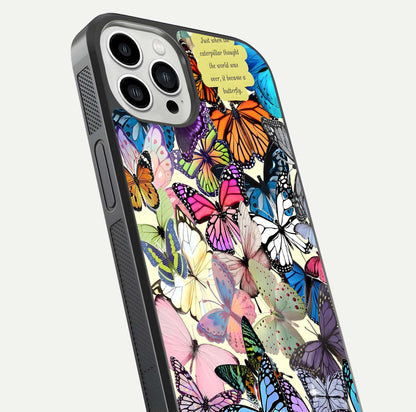Butterflies Petal Dream Glass Case for iPhone 13 Pro Max close-up highlighting butterfly wings and pink petal gloss