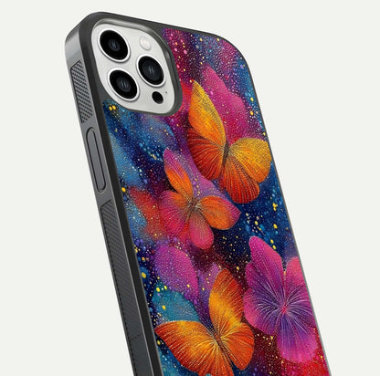 Butterfly Dream Mist Glass Case for iPhone 13 Pro Max close-up capturing wing pattern detail and glossy finish texture
