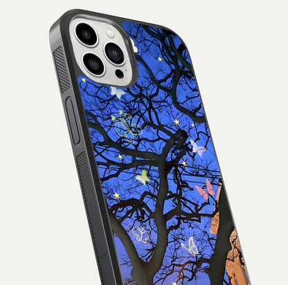 Butterfly Night Magic Glass Case for iPhone 13 Pro Max close-up highlighting wings reflection and gloss shimmer