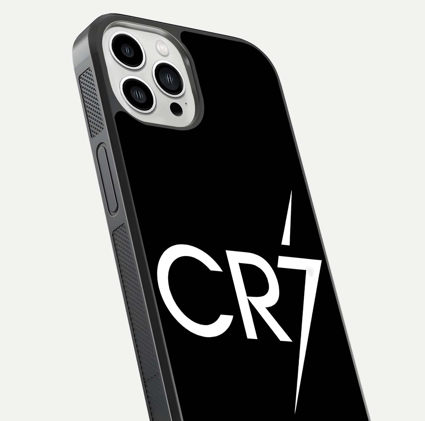 CR7 Elite Strike Glass Case for iPhone 13 Pro Max close-up highlighting CR7 artwork and shine reflection