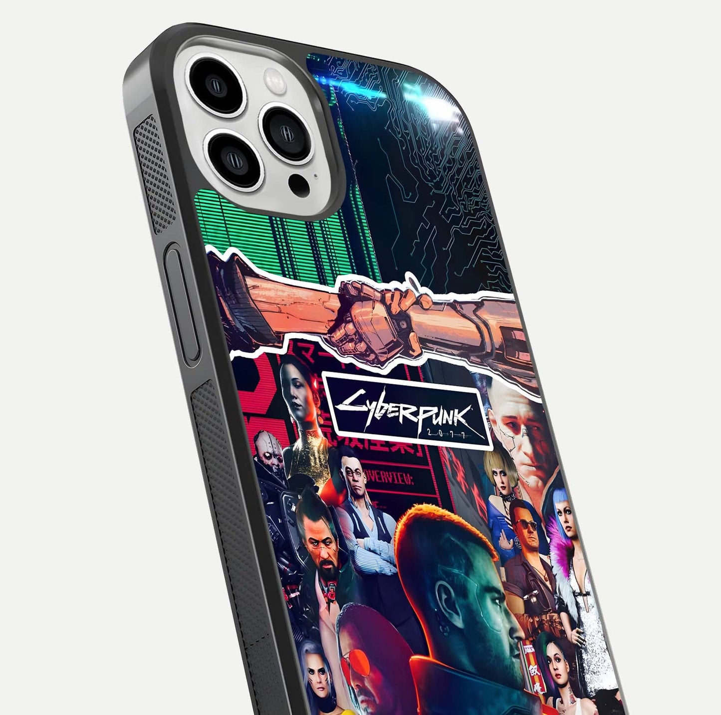 CYBERPUNK Legacy Glass Case for iPhone 13 Pro Max close-up highlighting circuit texture and reflection tone