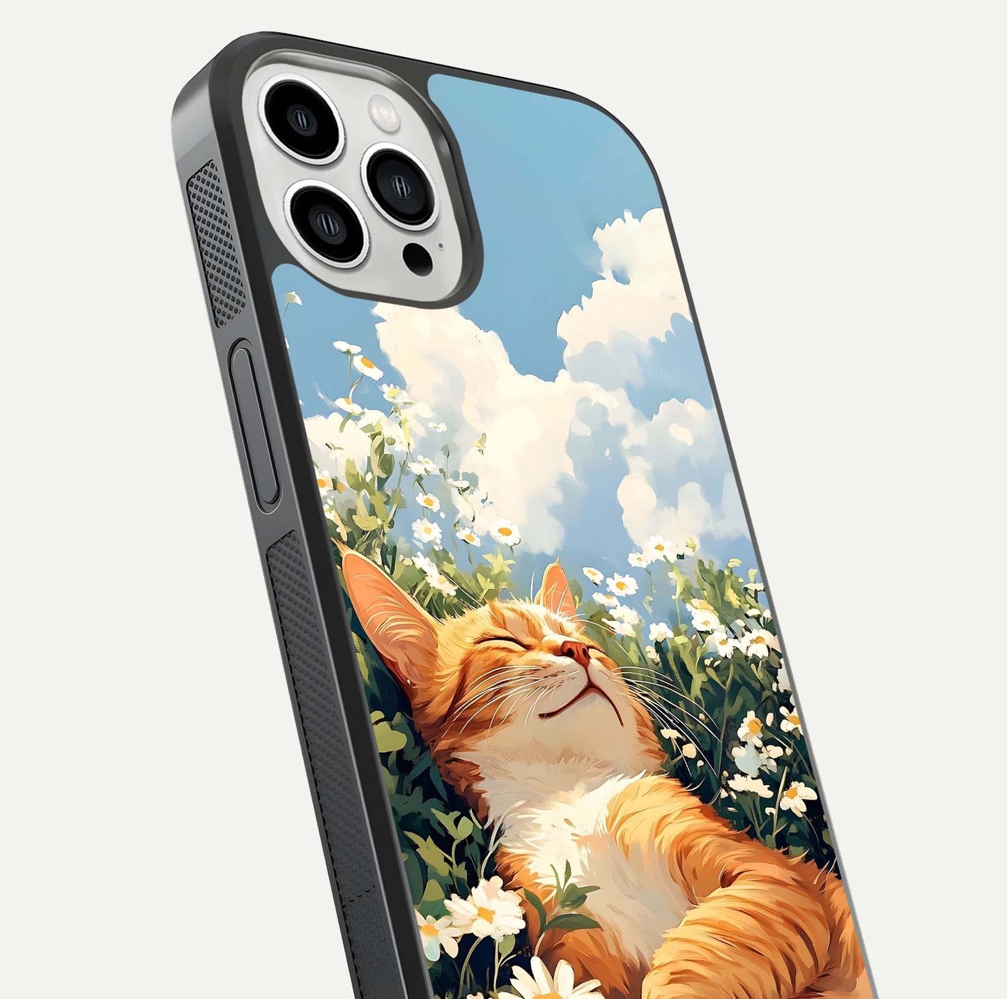 Cat & Flowers View Glass Case for iPhone 13 Pro Max close-up view highlighting cat expression and petal detail
