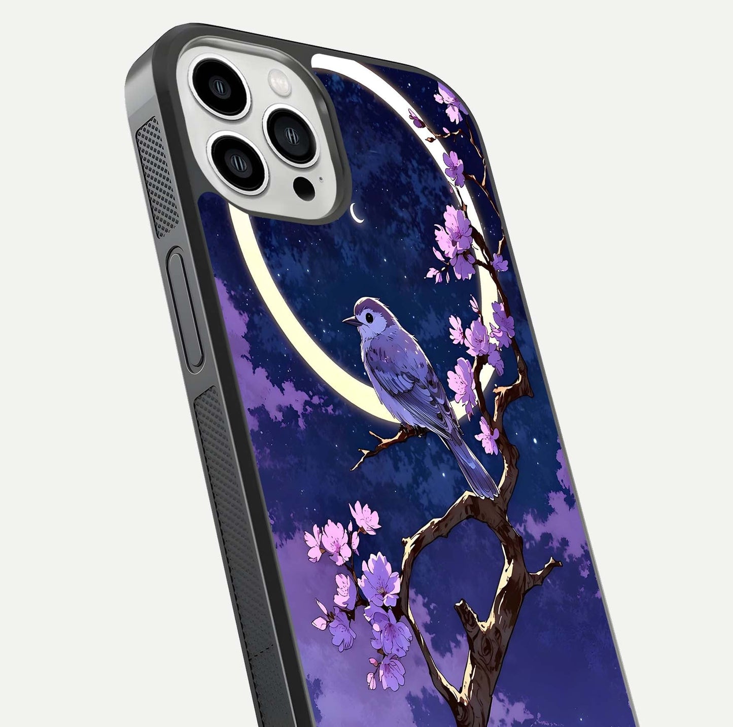 Celestial Bird Blossom Glass Case for iPhone 13 Pro Max close-up capturing bird detail, petal reflection, and gloss shine
