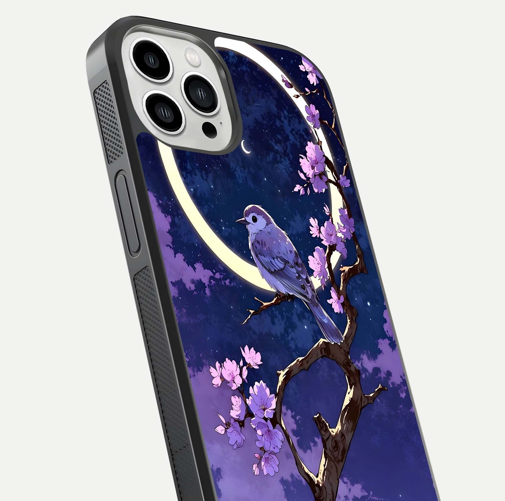 Celestial Bird Blossom Glass Case for iPhone 13 Pro Max close-up capturing bird detail, petal reflection, and gloss shine