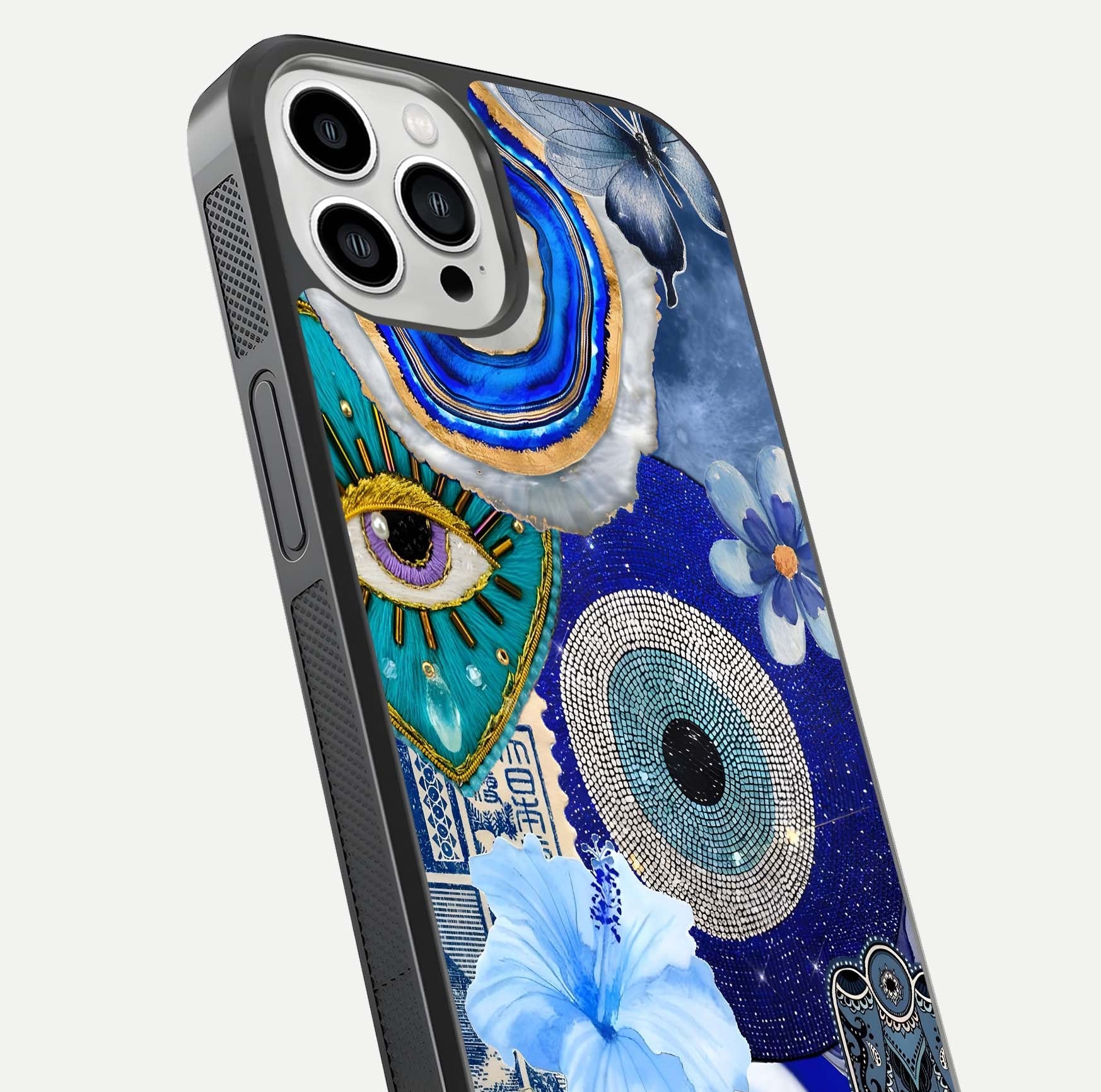 Celestial Blue Vision Glass Case for iPhone 13 Pro Max close-up shot highlighting reflection details and smooth edge polish