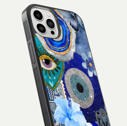 Celestial Blue Vision Glass Case for iPhone 13 Pro Max close-up shot highlighting reflection details and smooth edge polish