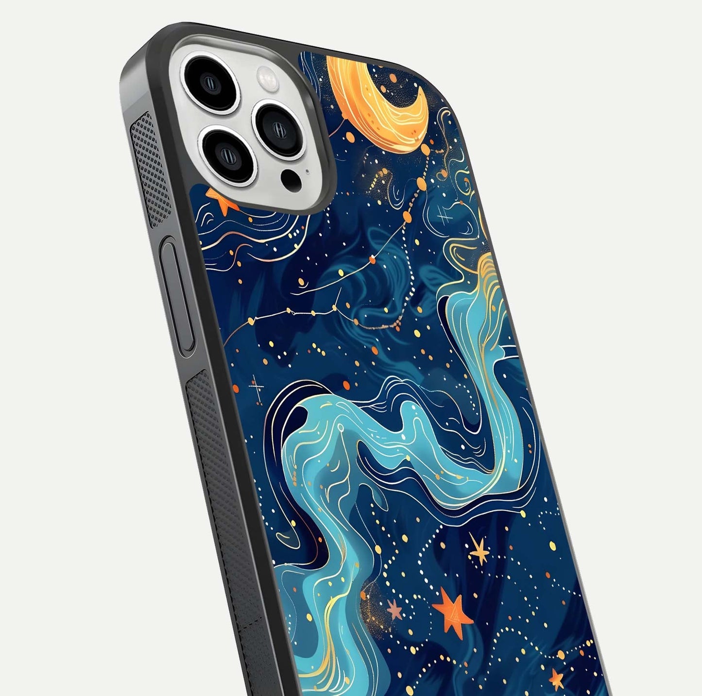 Celestial Dream Flow Glass Case for iPhone 13 Pro Max close-up highlighting star reflections and smooth glow gradient