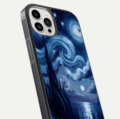 Celestial Dream Van Gogh Glass Case for iPhone 13 Pro Max close-up view capturing vivid brush details and star reflection