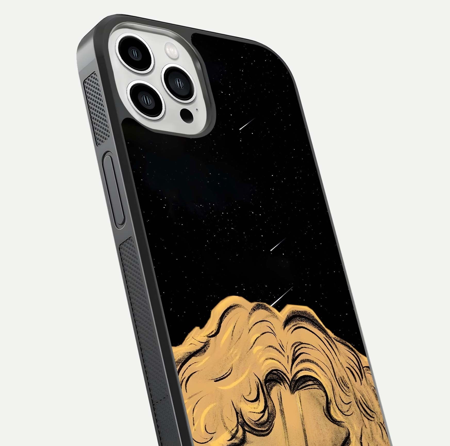 Celestial God’s Plan Glass Case for iPhone 13 Pro Max close-up angled shot highlighting celestial details and reflection