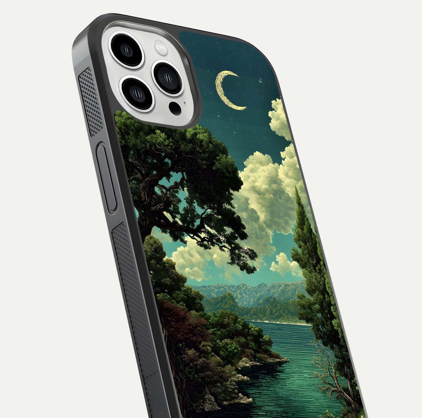 Celestial Lake Peace Glass Case for iPhone 13 Pro Max close-up highlighting moon reflection and glossy texture