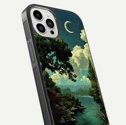 Celestial Lake Peace Glass Case for iPhone 13 Pro Max close-up highlighting moon reflection and glossy texture
