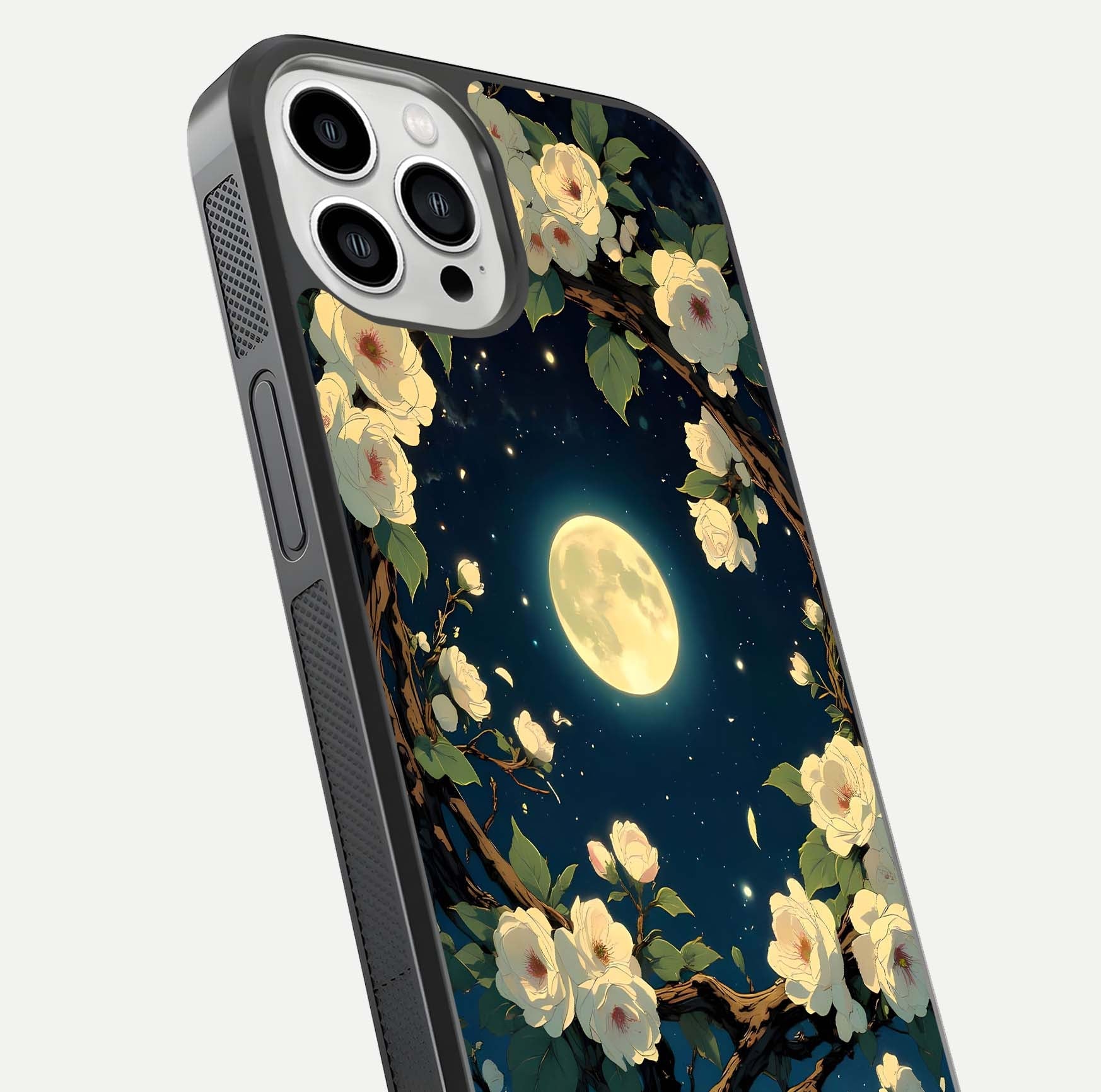 Celestial Moon & Flower Glass Case for iPhone 13 Pro Max close-up capturing petal reflection and moonlight contrast
