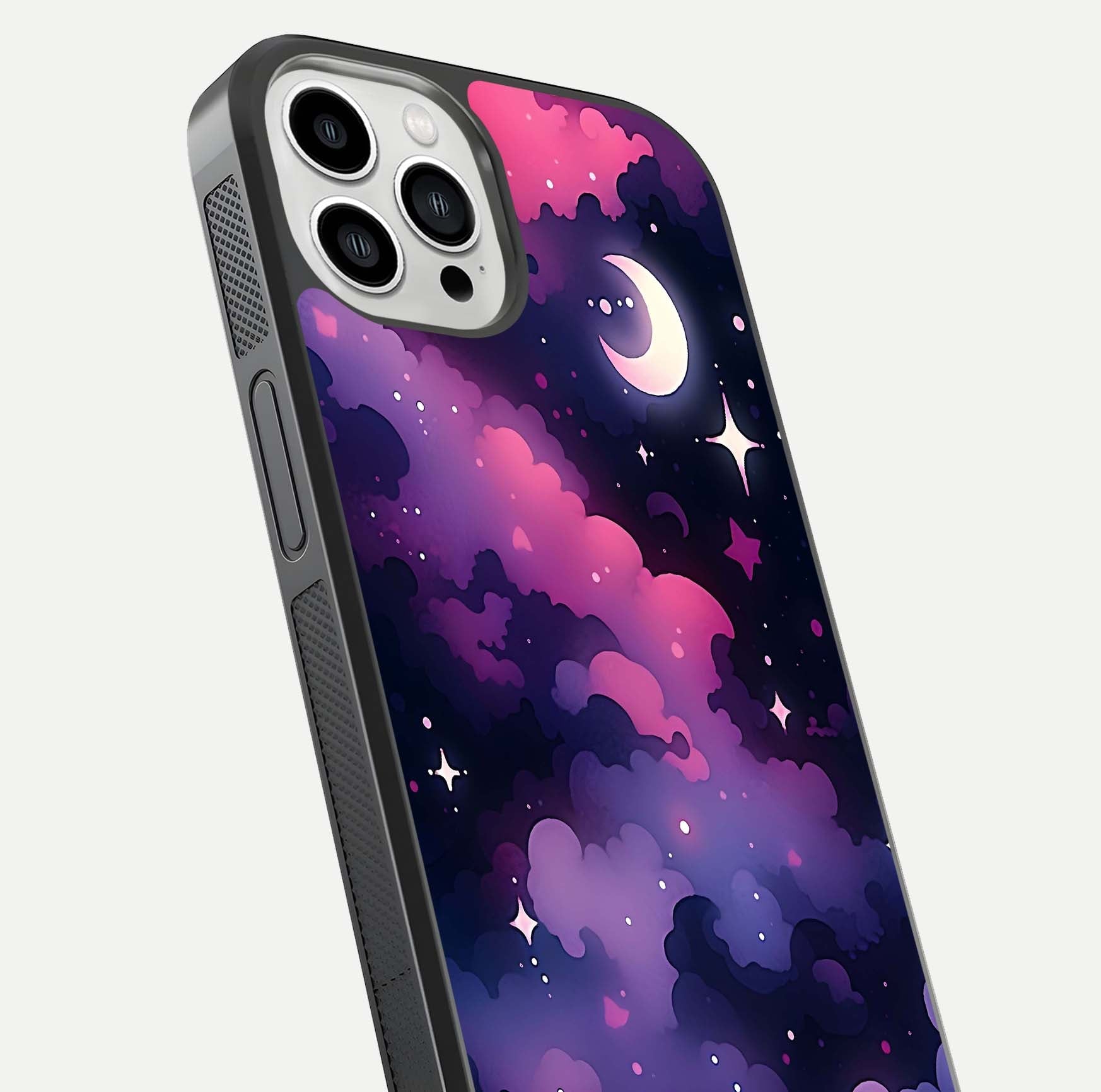Celestial Moon Magic Glass Case for iPhone 13 Pro Max close-up view highlighting moon crater detail and glass shine