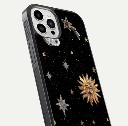 Celestial Moon With Stars Glass Case for iPhone 13 Pro Max close-up showing cosmic reflection and HD shine