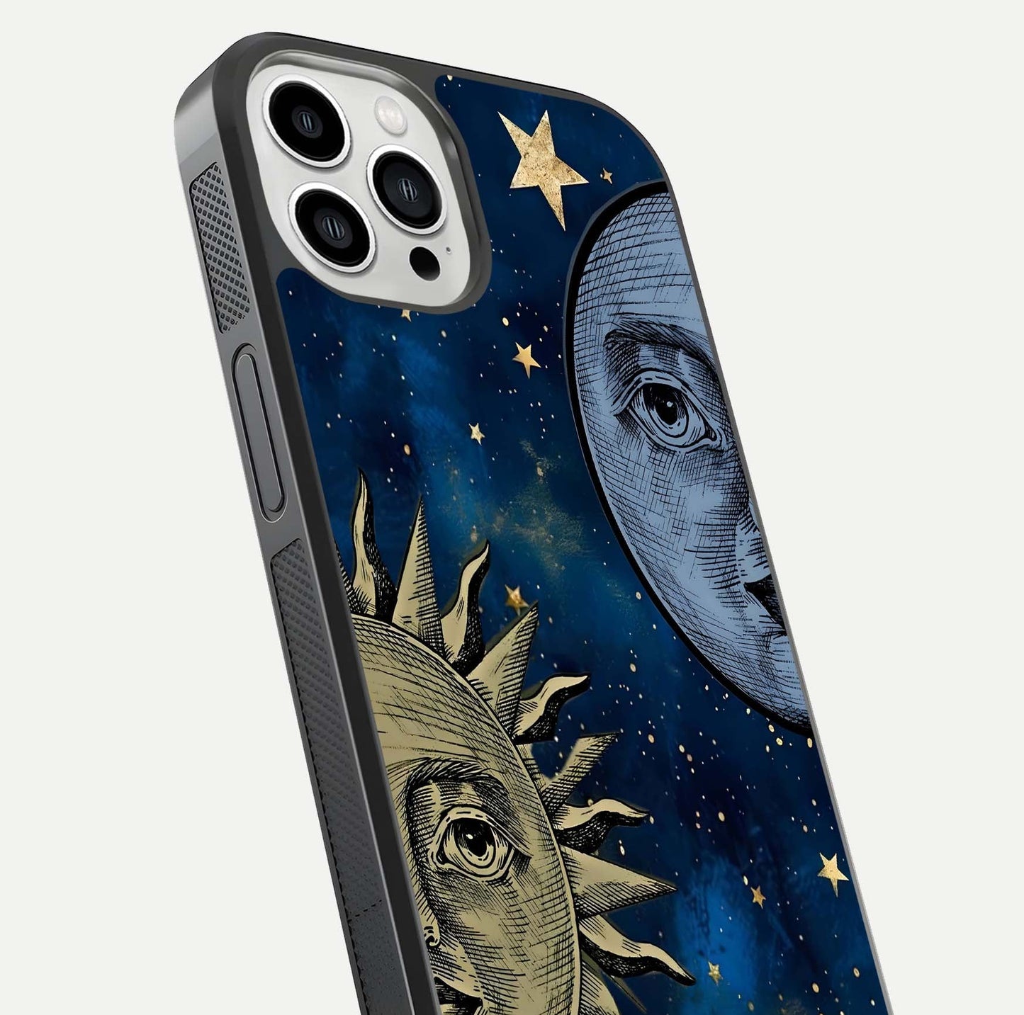 Celestial Moon With Sun Glass Case for iPhone 13 Pro Max close-up highlighting fine celestial detail and polish reflection