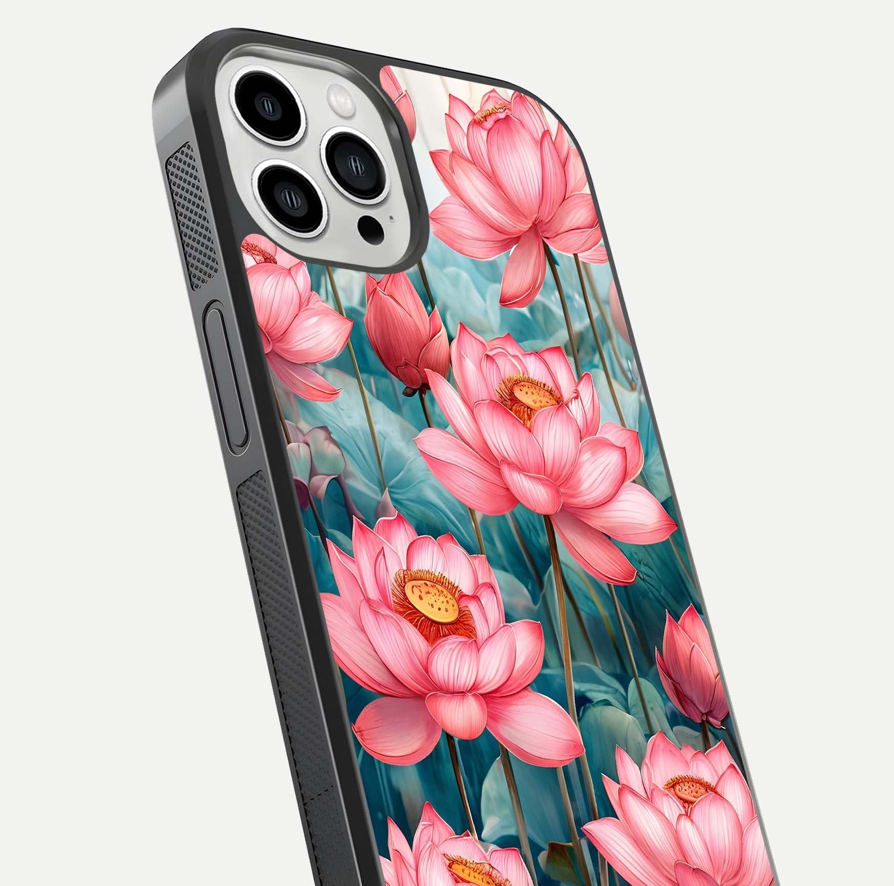 Celestial Pink Lotus Glass Case for iPhone 13 Pro Max close-up highlighting petal detail and HD glass reflection