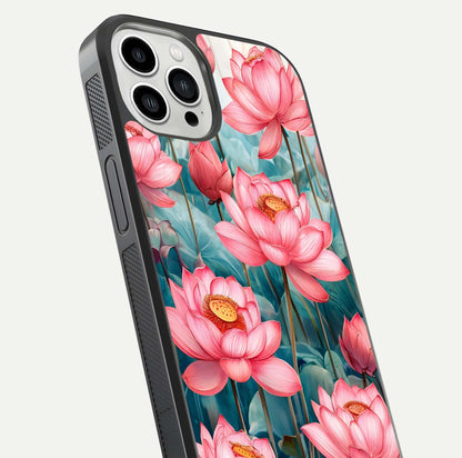 Celestial Pink Lotus Glass Case for iPhone 13 Pro Max close-up highlighting petal detail and HD glass reflection