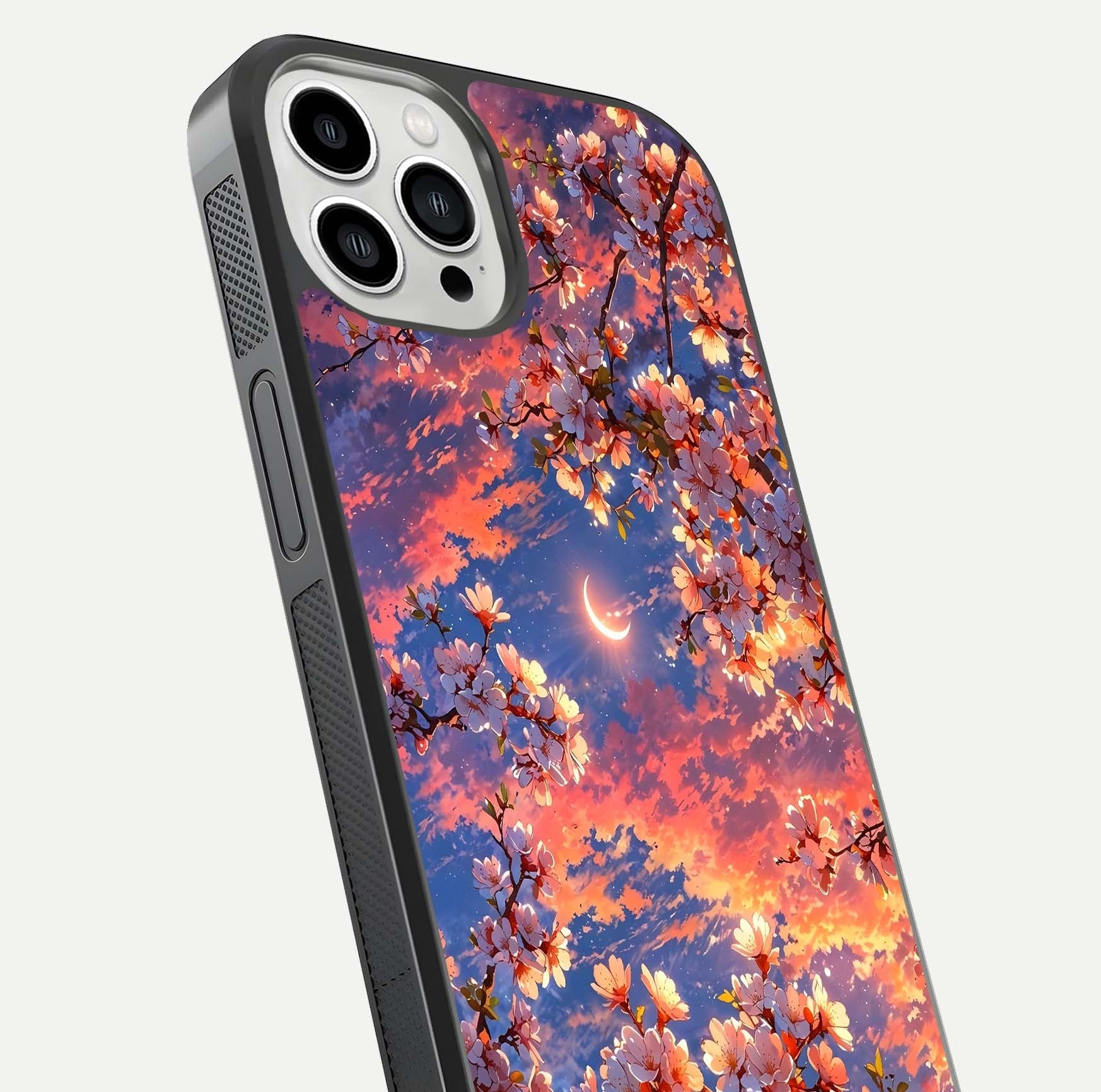 Celestial Sakura Sunset Glass Case for iPhone 13 Pro Max close-up image highlighting blossom petals and gloss shine